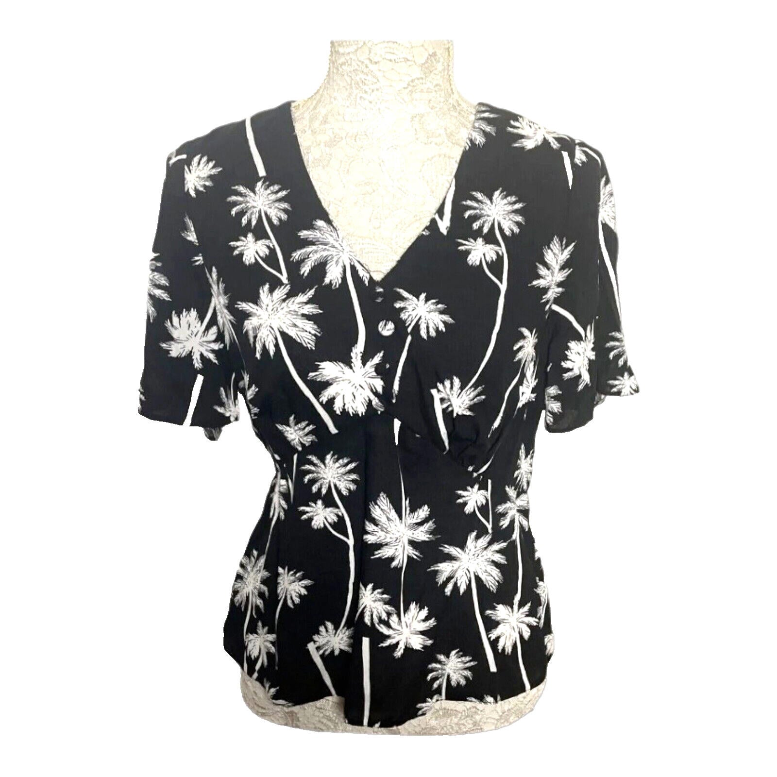 George Blouse Palm Print Black Short Sleeve Top Women's UK Size 14