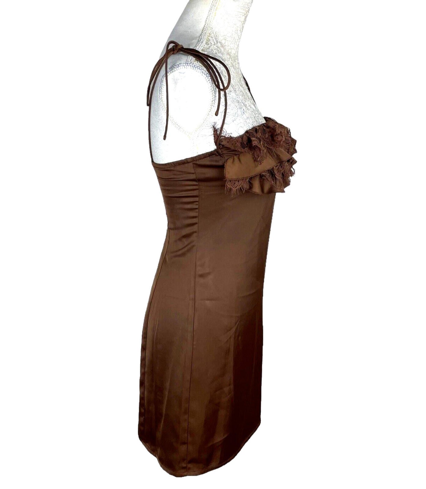 PLT Mini Dress Women's UK Size 8 Chocolate Satin Lace Cup Detail Tie Shoulder