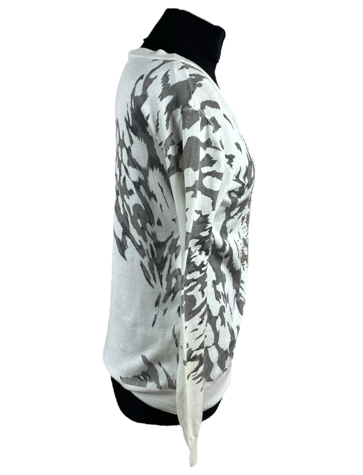 Just Elegance Thin White Jumper Grey Gold Pattern Round Neck Women’s UK Size L