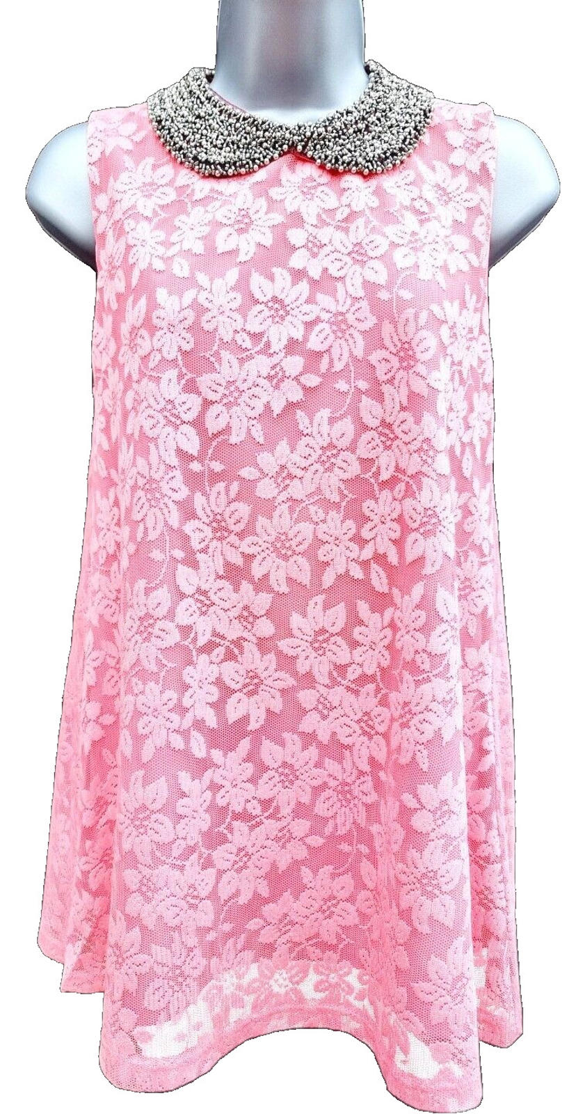 Select Mini Dress Women's UK Size 10 Pink Floral Lace Overlay Embellished Collar