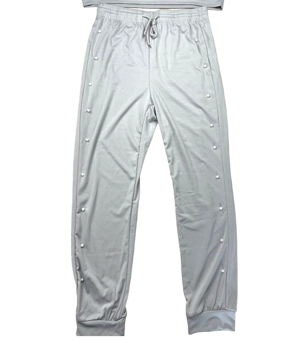 Pearl Embellished Tracksuit Co-Ord Set Women’s UK Size L Grey Jog Pants & Top