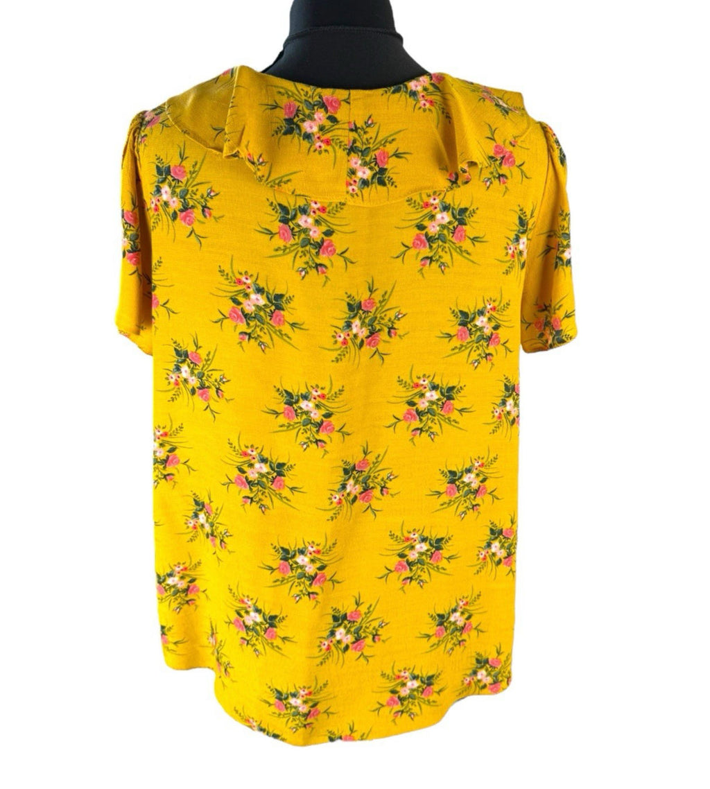 Dorothy Perkins Floral Blouse Women’s UK Size 14 Yellow Ruffle Collar Tie Neck