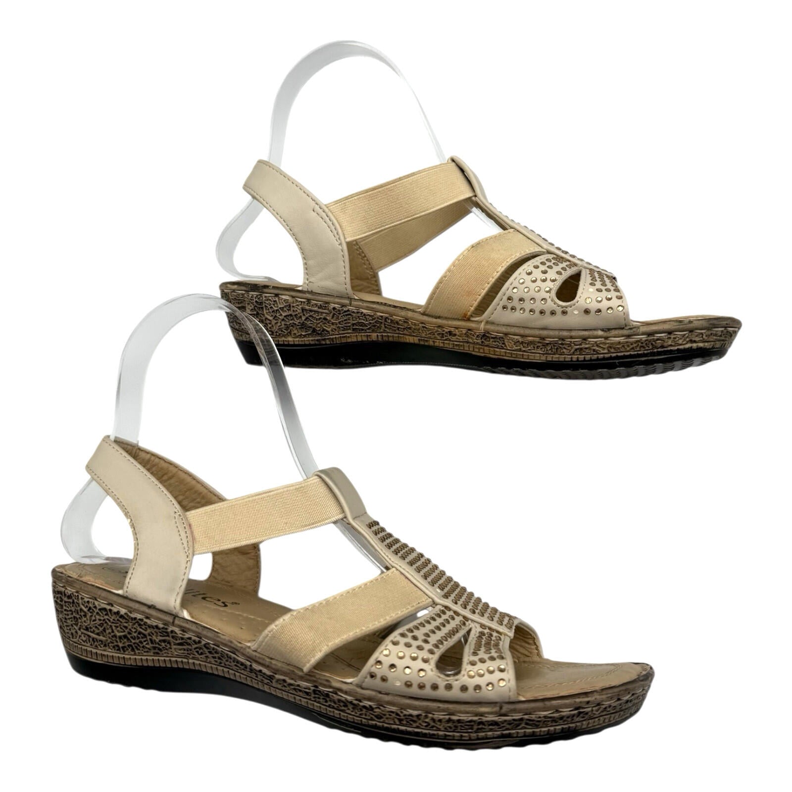 Softlites Sandals Elasticated Diamante Low Heel Cushioned Gladiator Beige Gold