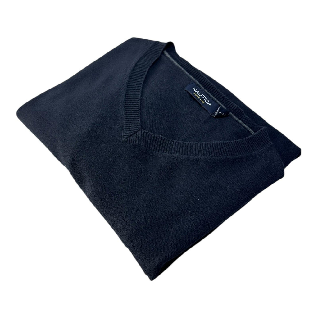 Nautica Knit Jumper Men's UK Size L Blue V-Neck Long Sleeve 100% Cotton