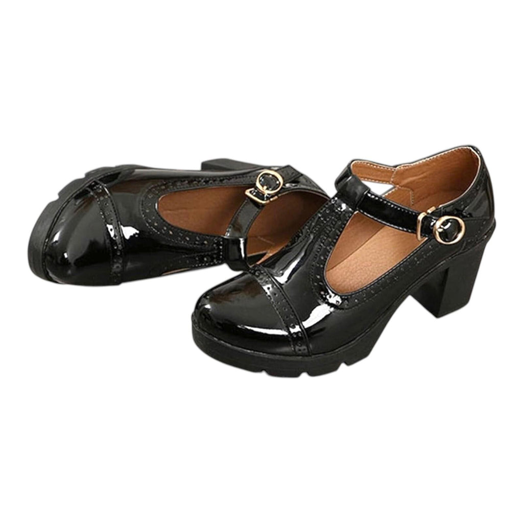 Black Patent Leather Block Heel Shoes T Bar Clip Women’s UK Size 3.5