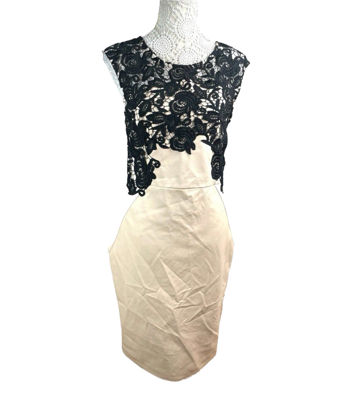 Lypsy Michelle Keegan Cream Midi Dress Women’s UK Size 14 PU Panel Lace Neck