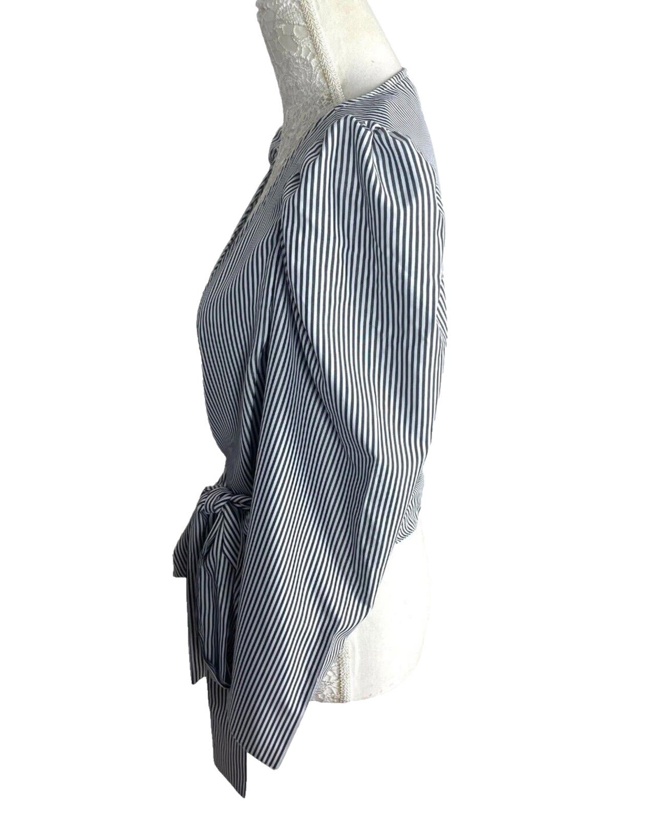 New Look Striped Wrap Shirt Blouse Top Women's UK Size 8 Puff Sleeve Waist Tie