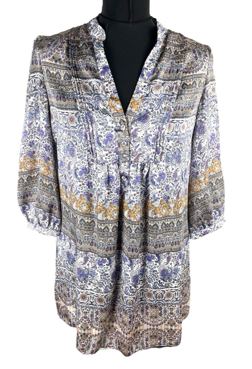 Wallis Satin Tunic Top Women’s UK Size 10 Paisley 3/4 Blouson Sleeves V-Neckline