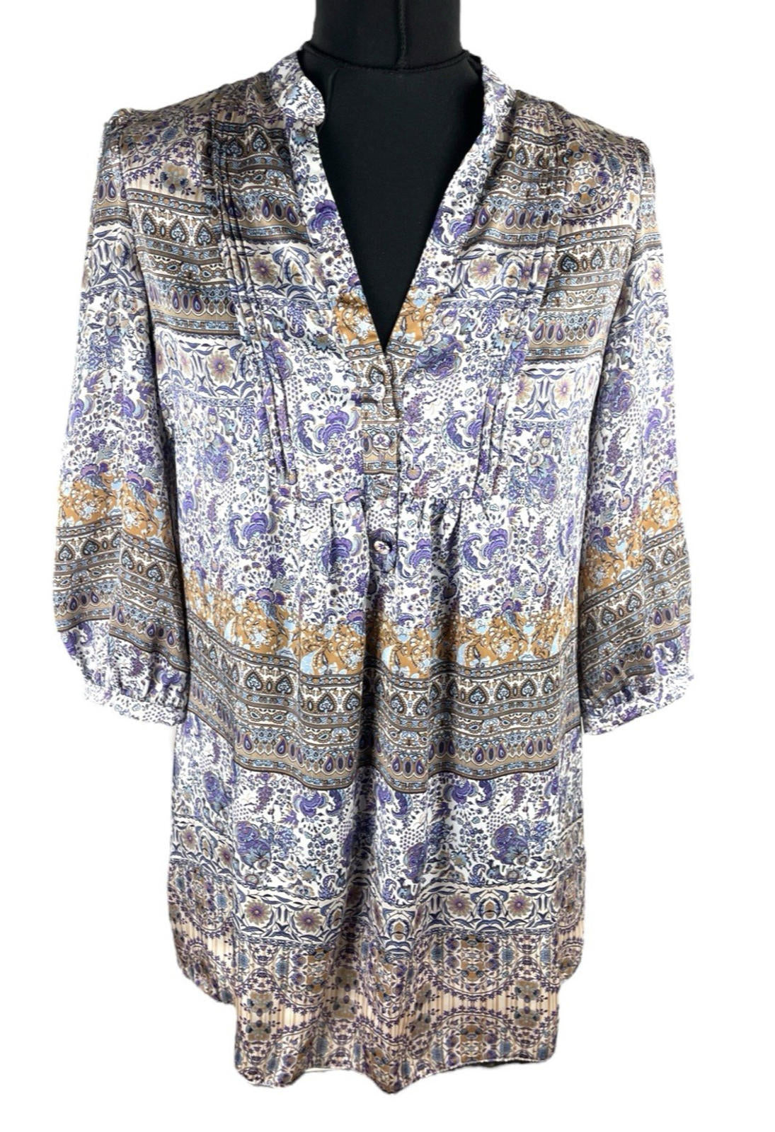Wallis Satin Tunic Top Women’s UK Size 10 Paisley 3/4 Blouson Sleeves V-Neckline
