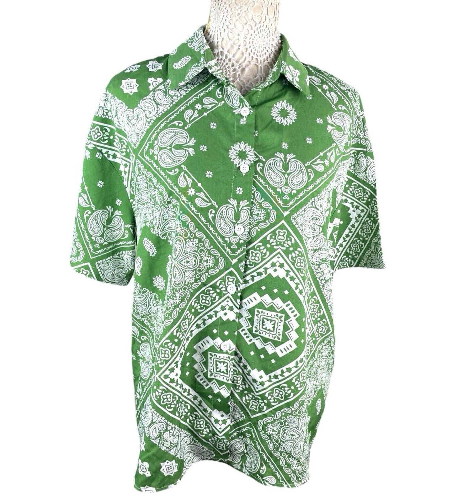 Shein Green & White Paisley Print Shirt Blouse Women’s UK Size M