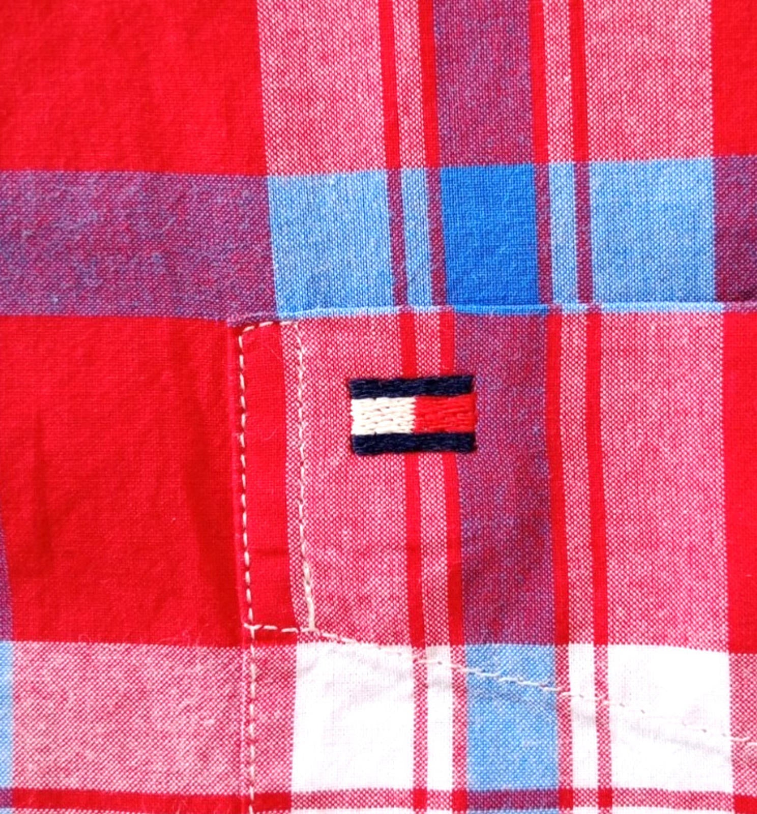 Tommy Hilfiger Shirt Men's UK Size L Red Check Short Sleeve Pockets 100% Cotton