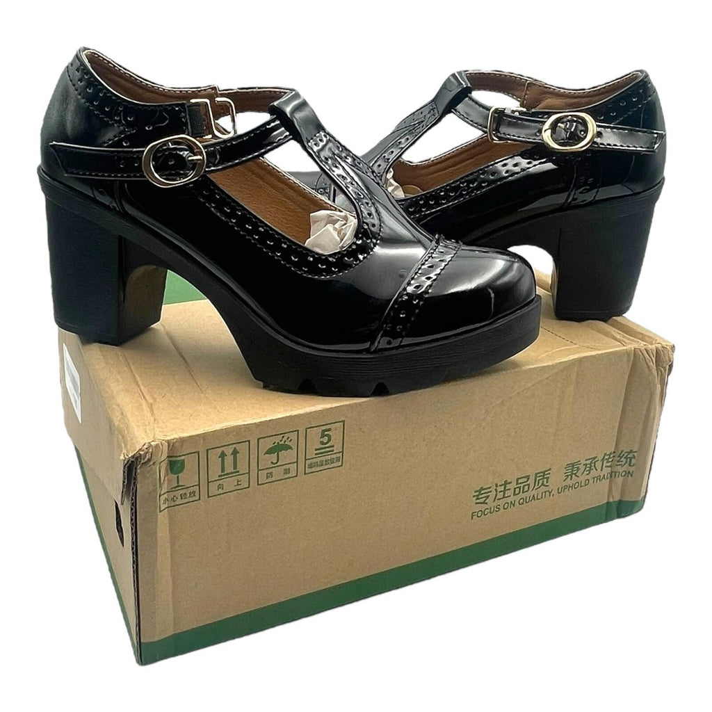 Black Patent Leather Block Heel Shoes T Bar Clip Women’s UK Size 3.5