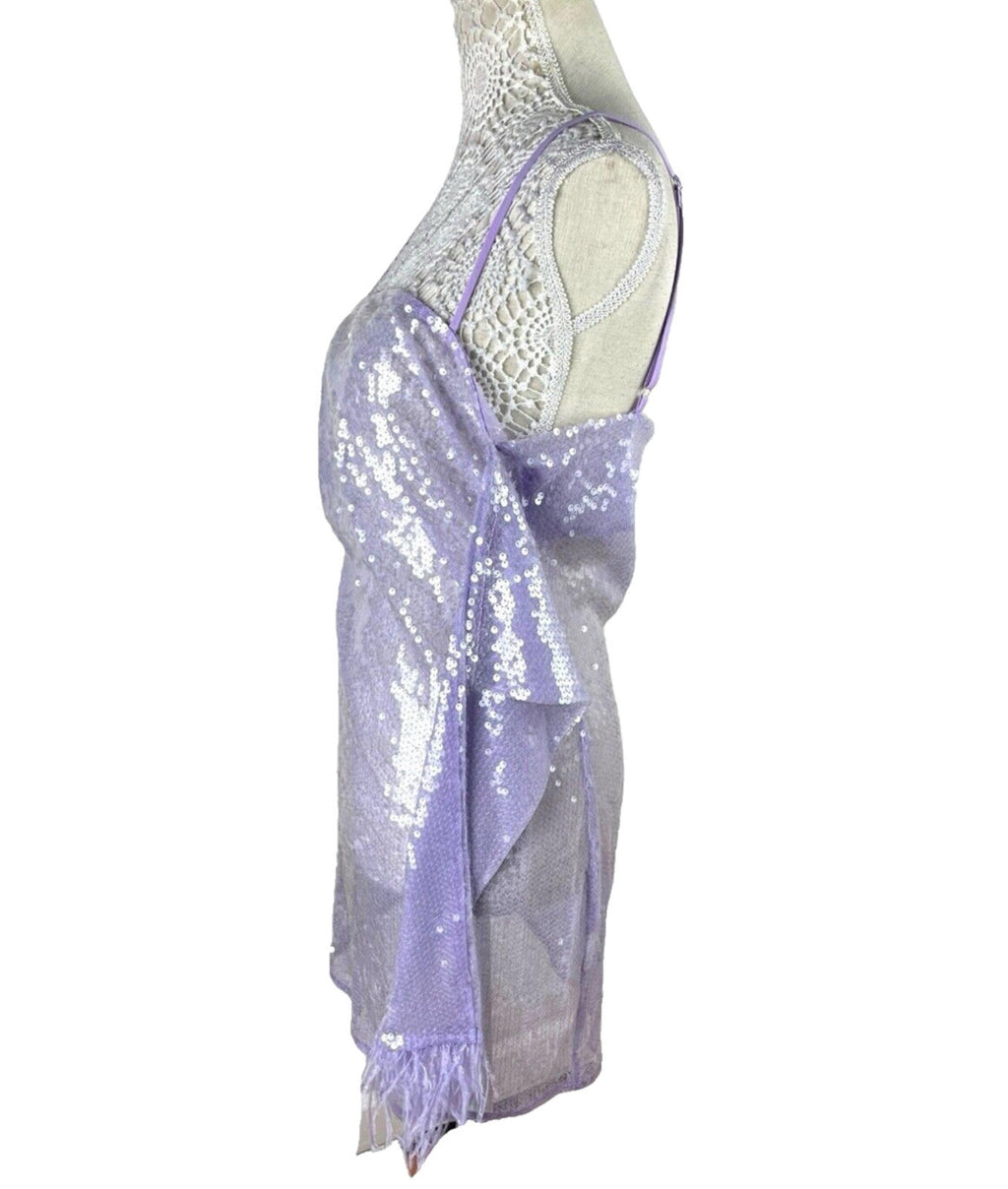 Lilac Full Sheer Sequin Mini Dress Feather Detail Women’s UK Size 8