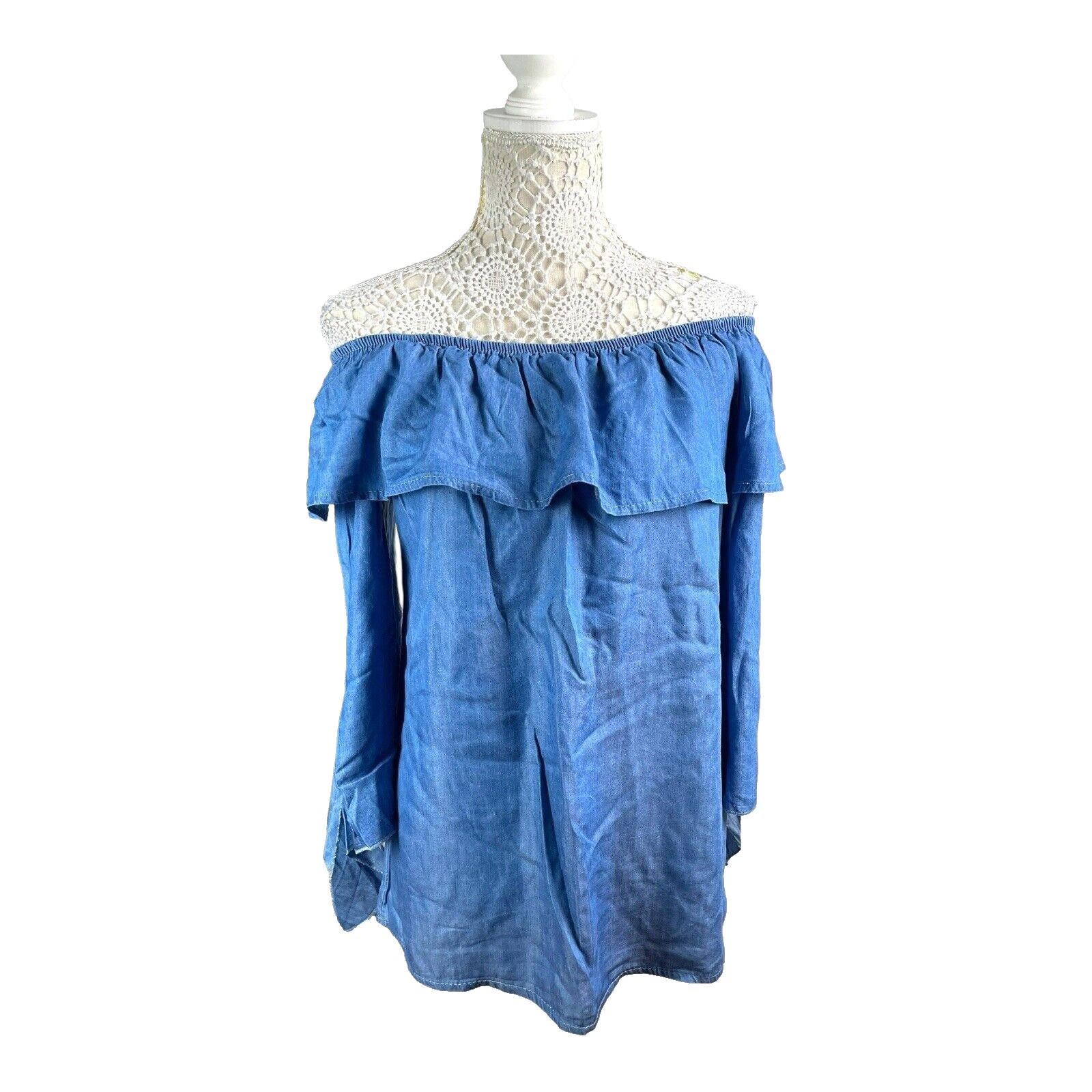 Quiz Off-Shoulder Blouse Women’s UK Size M-L Blue Denim Style Ruffle Long Sleeve