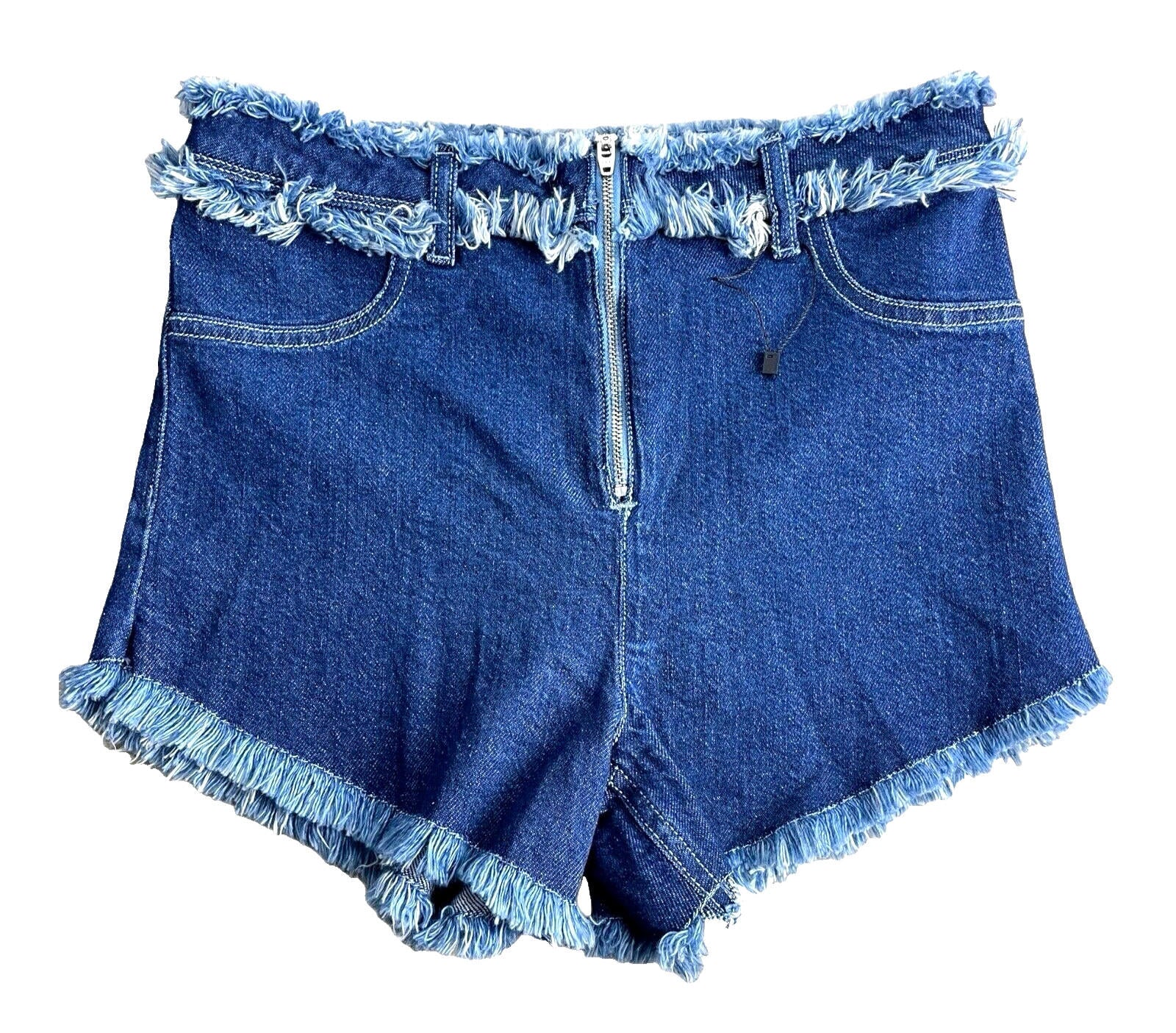 Denim Shorts Hot Pants Women’s UK Size 8 Blue High Waist Frayed Fringe Micro
