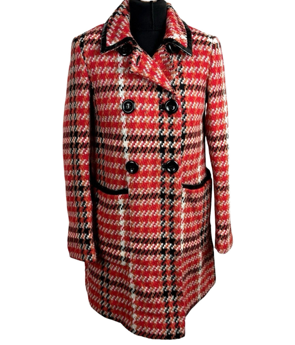 Topshop Red Check Overcoat Women’s UK Size 8 Collared Pockets Lined Button Up