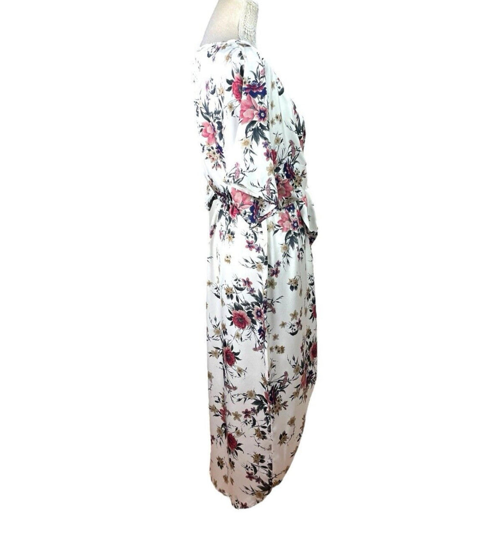 Yoins White Floral Maxi Dress Satin Effect Belted Women’s UK Size M (10-12)