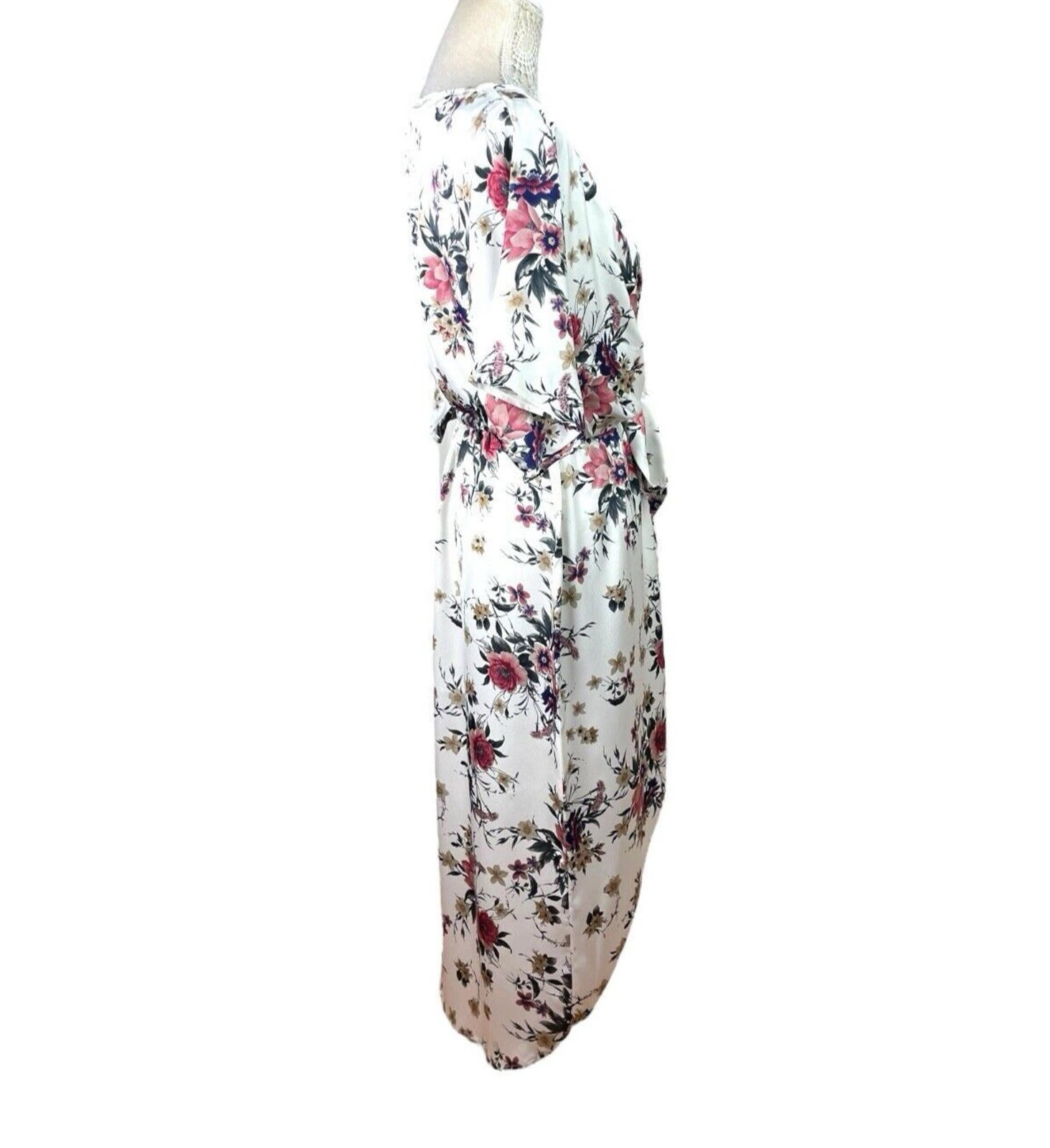 Yoins White Floral Maxi Dress Satin Effect Belted Women’s UK Size M (10-12)