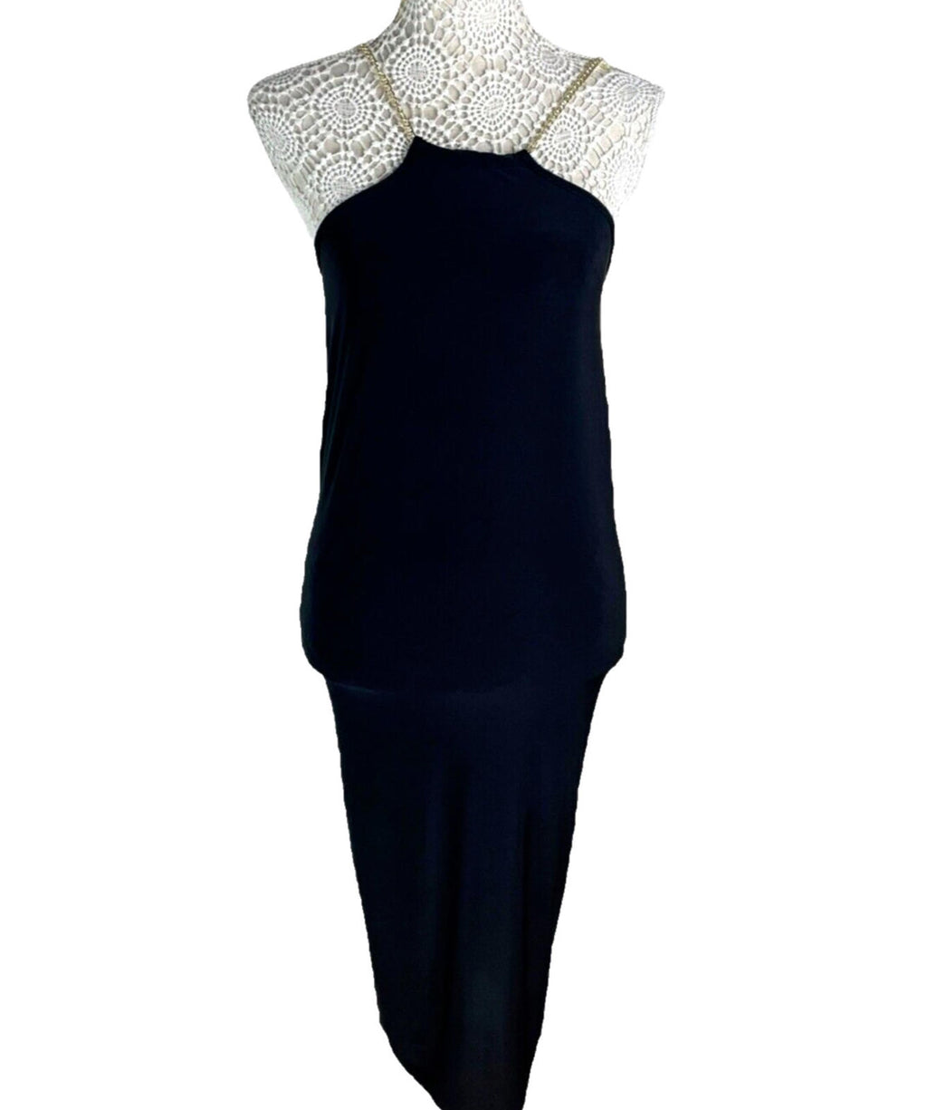 Pretty Little Thing Bodycon Midi Dress Women’s UK Size 8 Black Gold Chain Detail