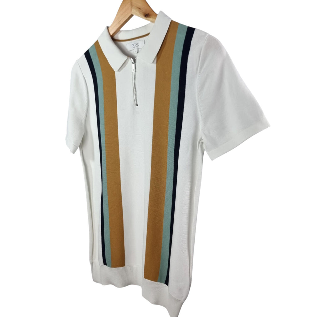 Next Knit Polo Shirt Men's UK Size S Striped Short Sleeve 100% Cotton 1/4 Zip
