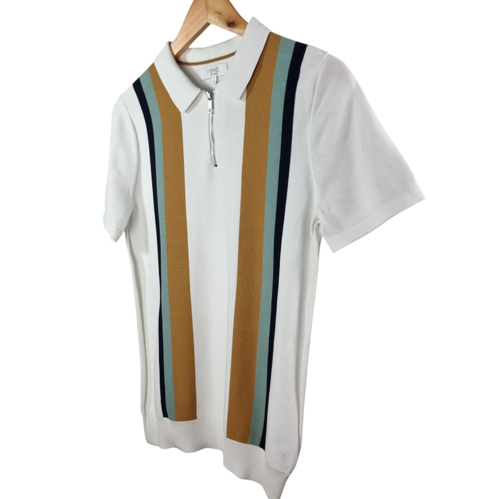 Next Knit Polo Shirt Men's UK Size S Striped Short Sleeve 100% Cotton 1/4 Zip