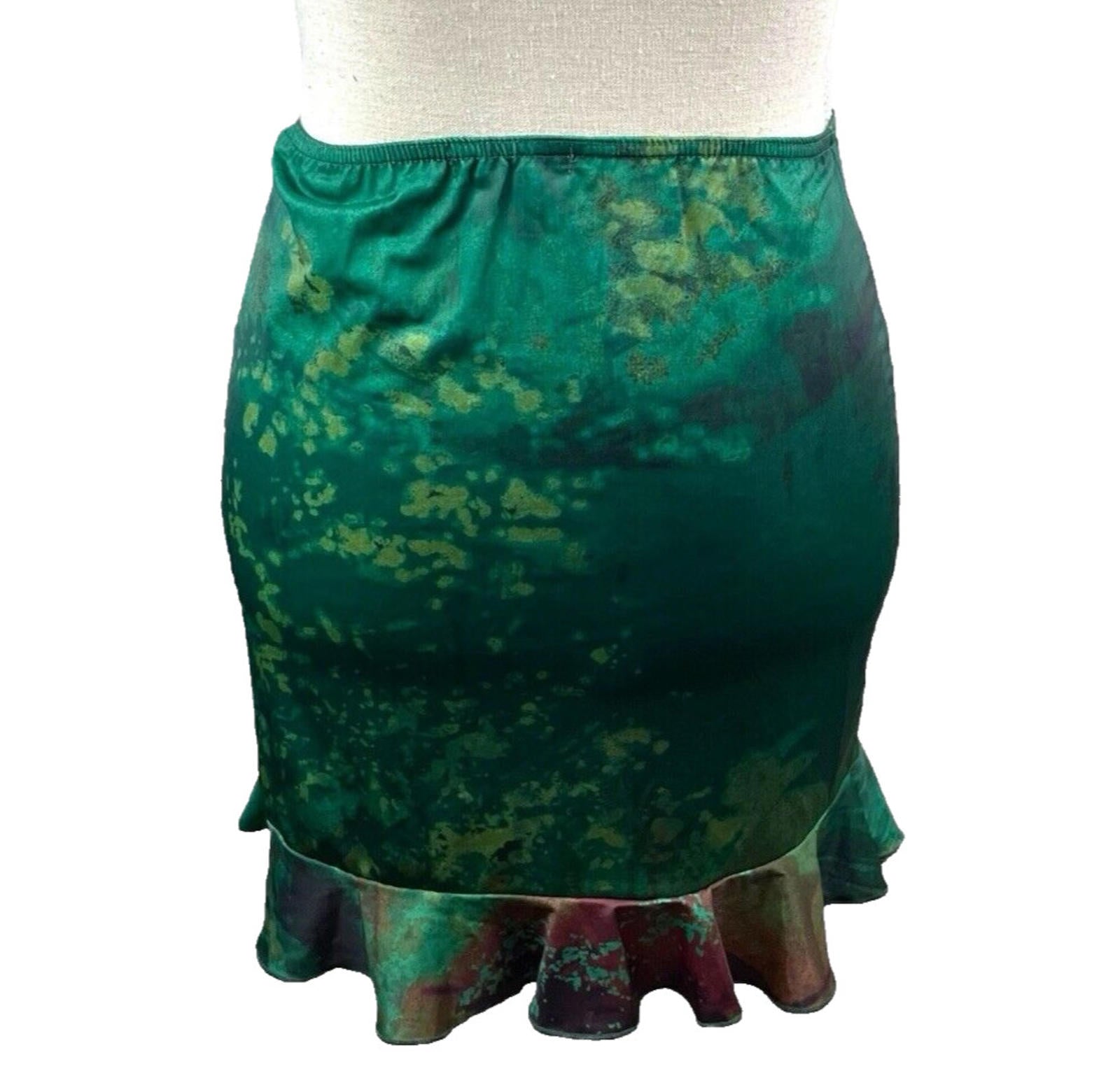Manor Mini Skirt Dark Green Satin High Waist Frilled Hem Women’s UK Size 8