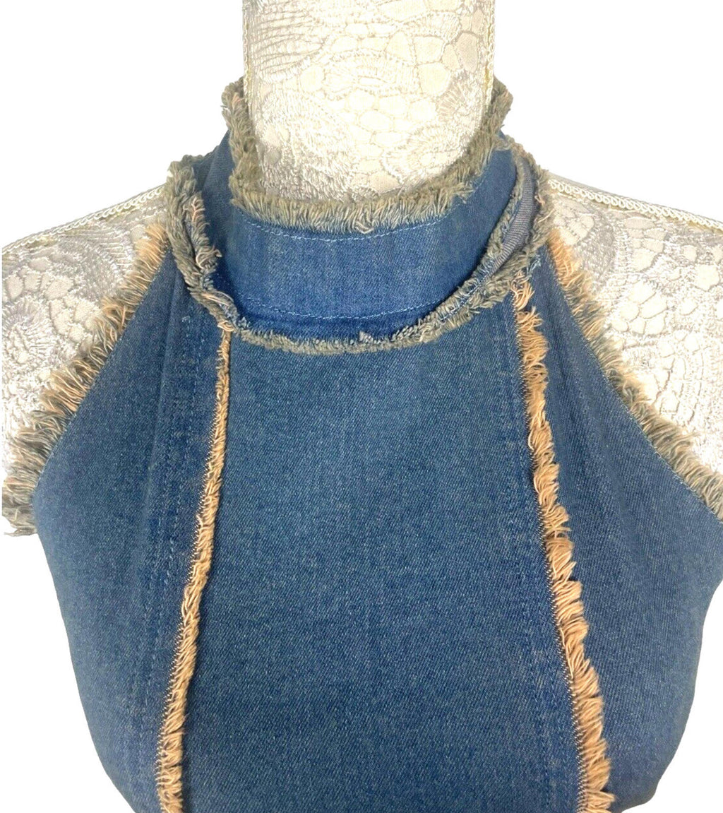 Denim Dress irregular Stretch Halterneck Tapered Seems Women's UK Size 8