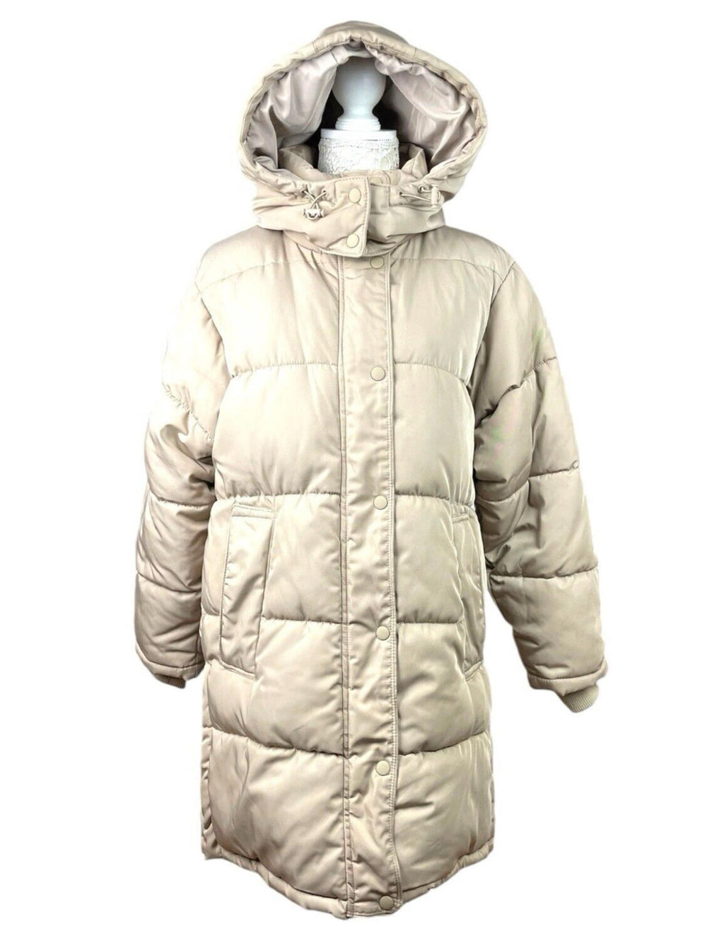 Pull & Bear Puffer Jacket Women's UK Size XS Beige Relaxed Fit Removable Hood