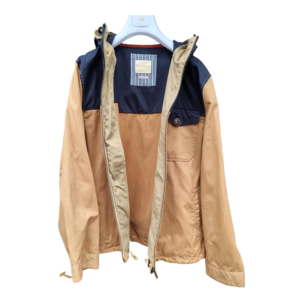 River Island Hooded Jacket Beige Blue 100% Cotton Men's UK Size XL