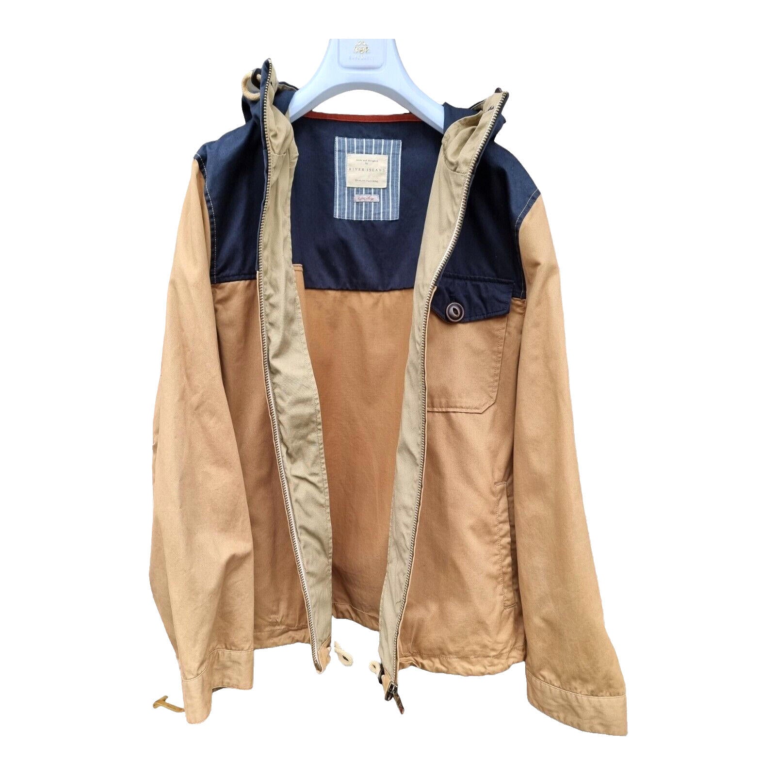 River Island Hooded Jacket Beige Blue 100% Cotton Men's UK Size XL