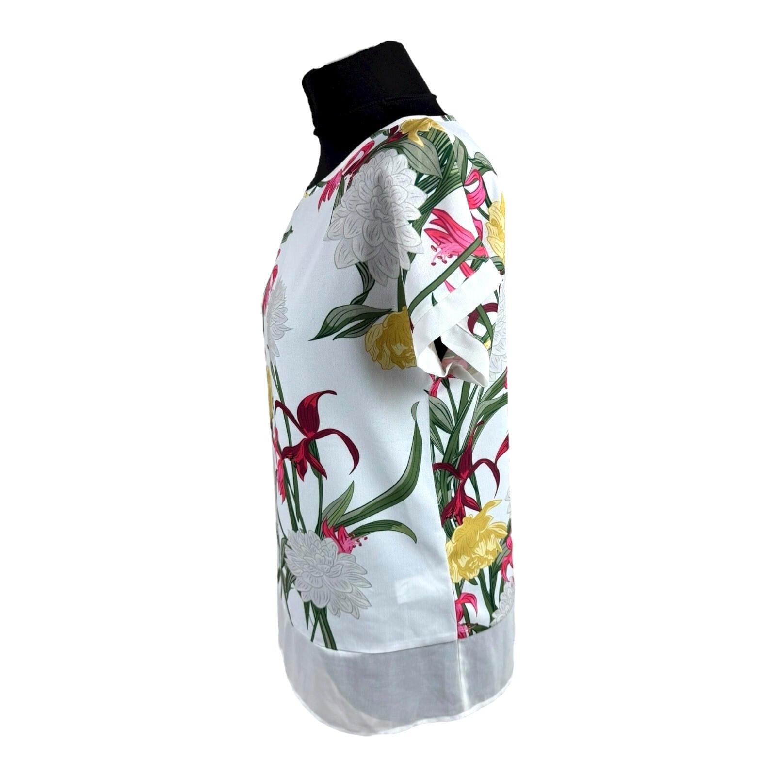 Soon White Floral T-shirt Top Chiffon Panel Relaxed Fit Women’s UK Size 8