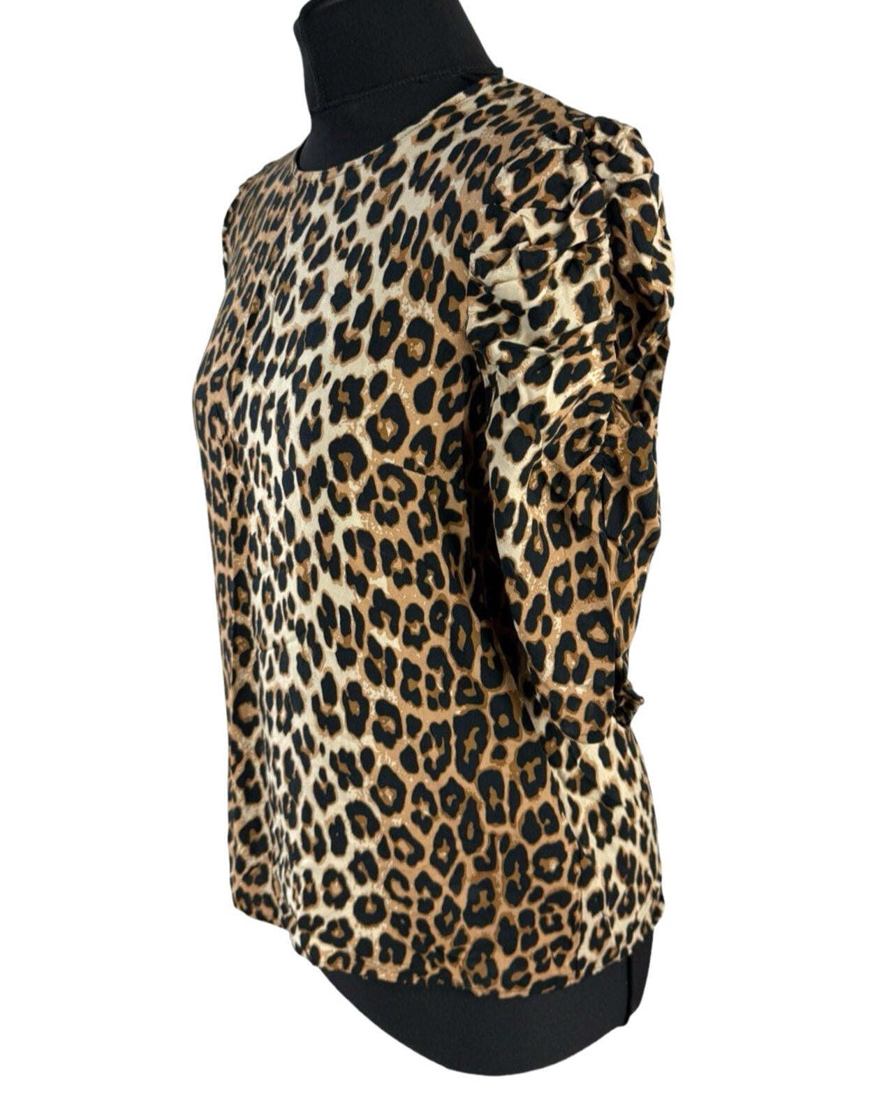 H&M Leopard Print Blouse Women’s UK Size XS Relaxed Fit Puff-Sleeved Lightweight
