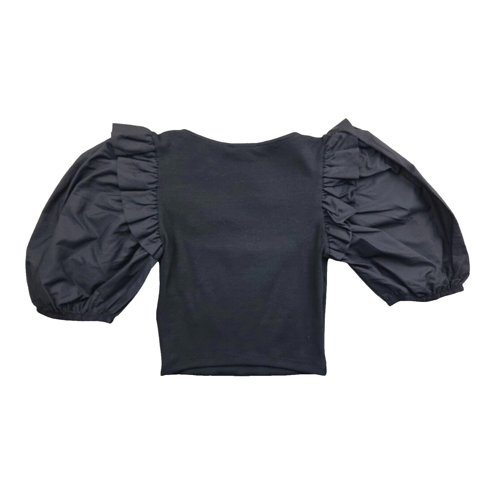Zara Crop Top Balloon Sleeve Black Ribbed Ruffle Women's UK Size Small S