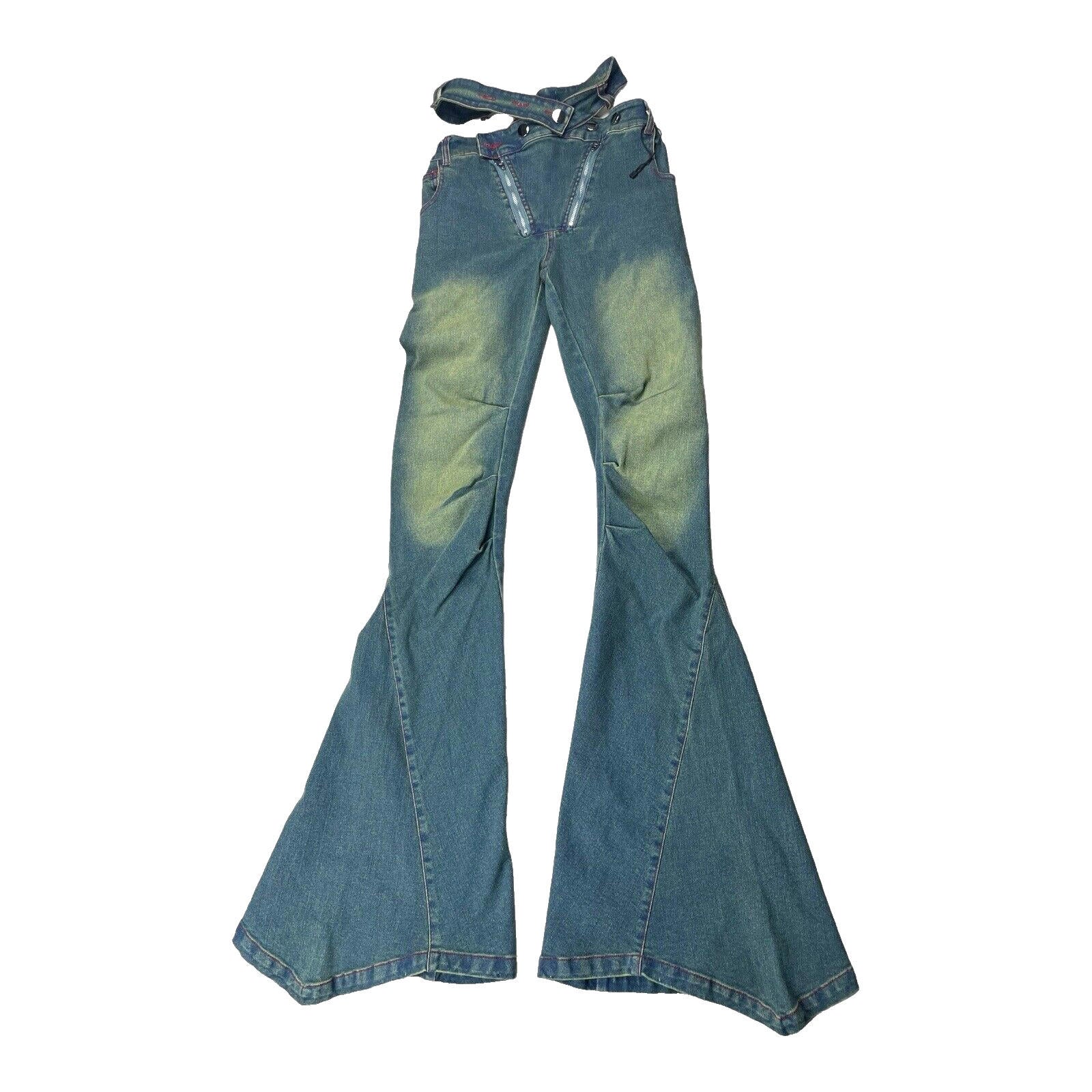 Flared Jeans Women's UK Size 8 Blue Denim Funky Double Zip Denim Distressed