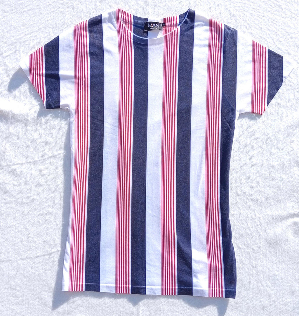 BooHoo MAN Vertical Stripe T-Shirt Men's UK Size S Crew Neck Short Sleeve Summer
