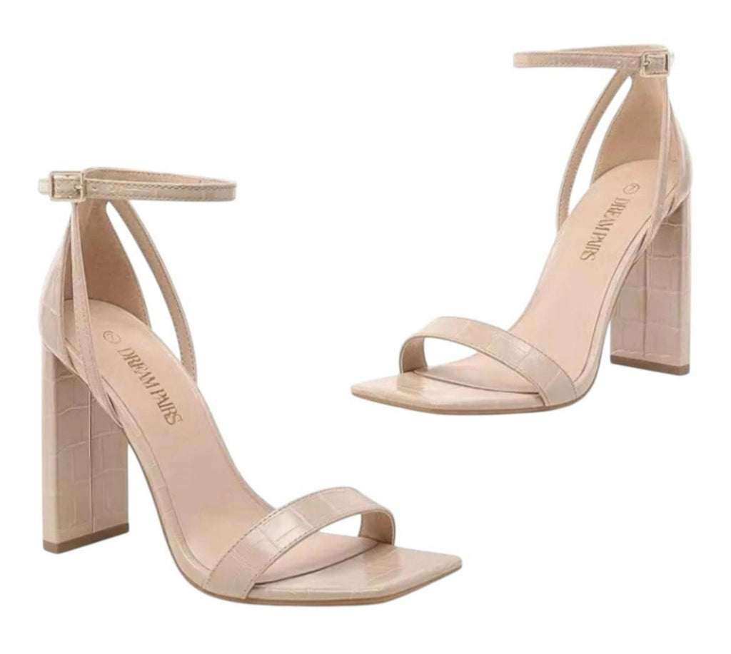 Dream Pairs Nude Open Square Toe Block Heel Shoes Crocodie Faux Leather