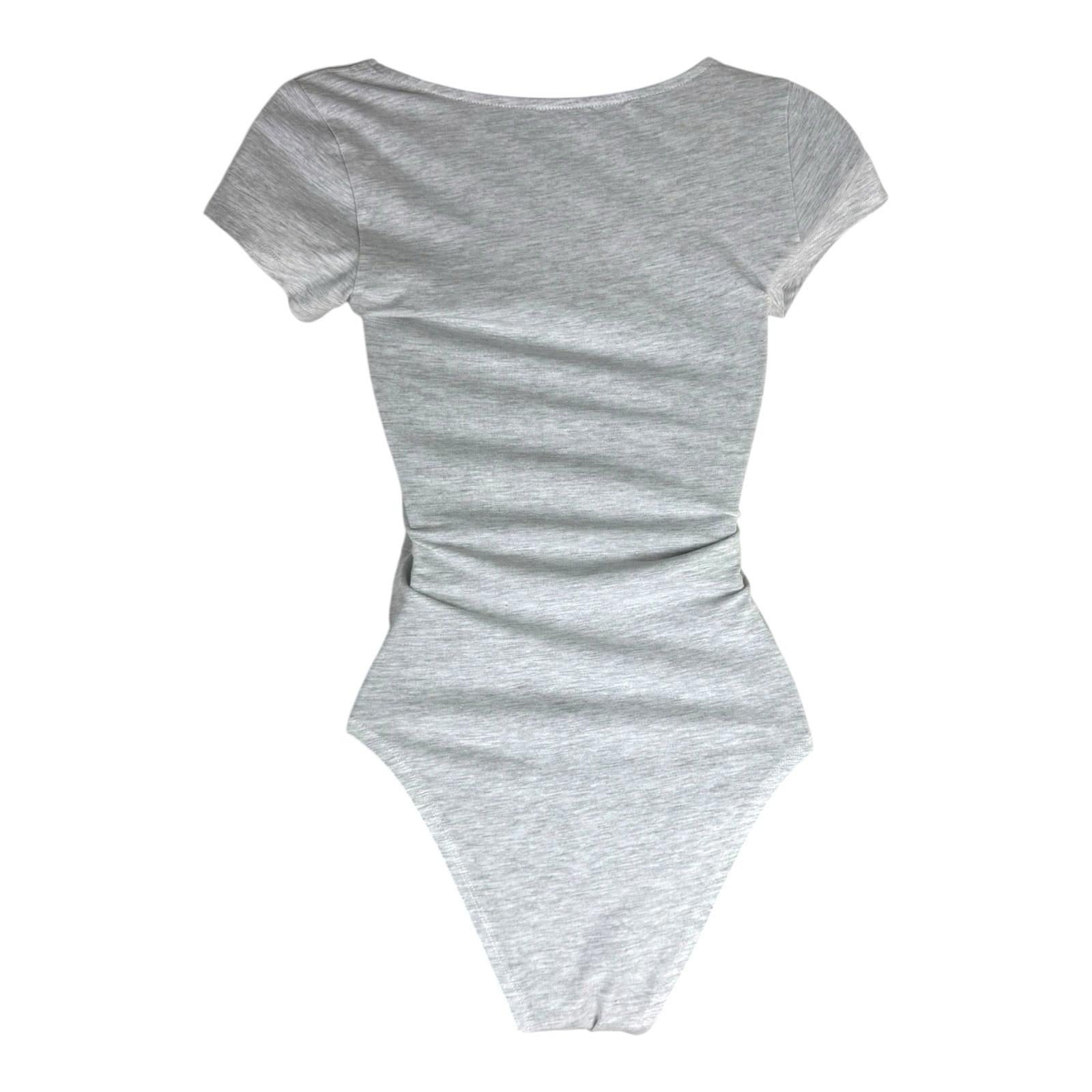 New Look Bodysuit Women's UK Size 6 Grey Jersey V Neck Short Sleeve Snap Summer