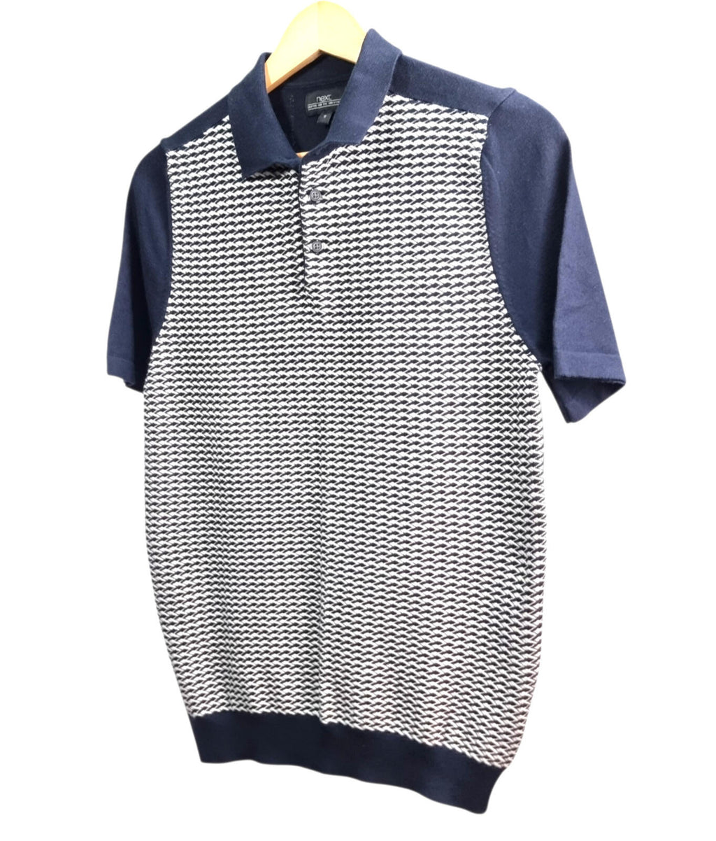 Next Knit Polo Shirt Men's UK Size M Blue Textured Short Sleeve 100% Cotton
