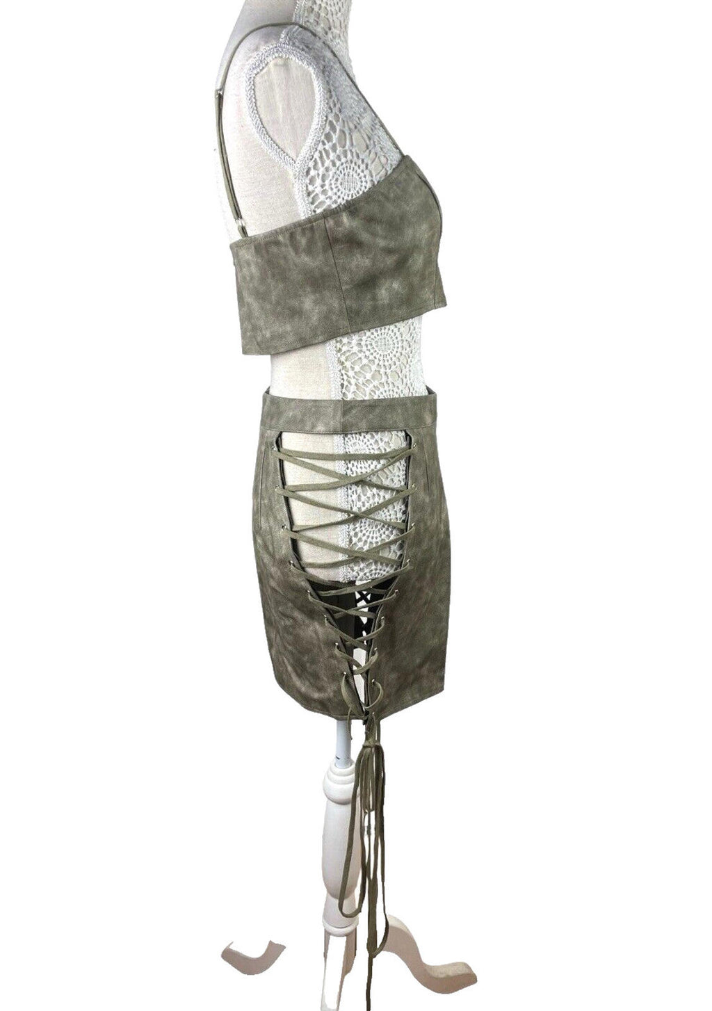 Pretty Little Thing Lace-Up Skirt & Croptop Set Women’s UK Size 8 Faux Leather