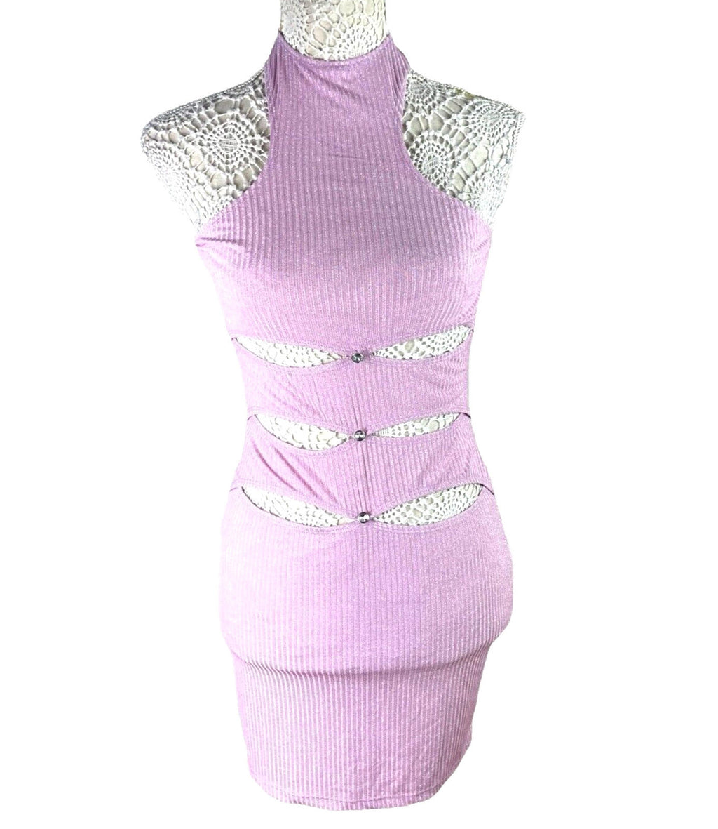 Lilac Ribbed Cut Out Bodycon Mini Dress Halter Neck Women’s UK Size 8