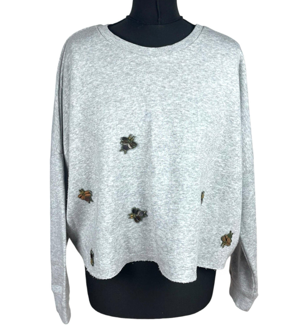 Primark Dragonfly Sequin Jumper Women’s UK Size L Cropped Light Grey Gold Detail