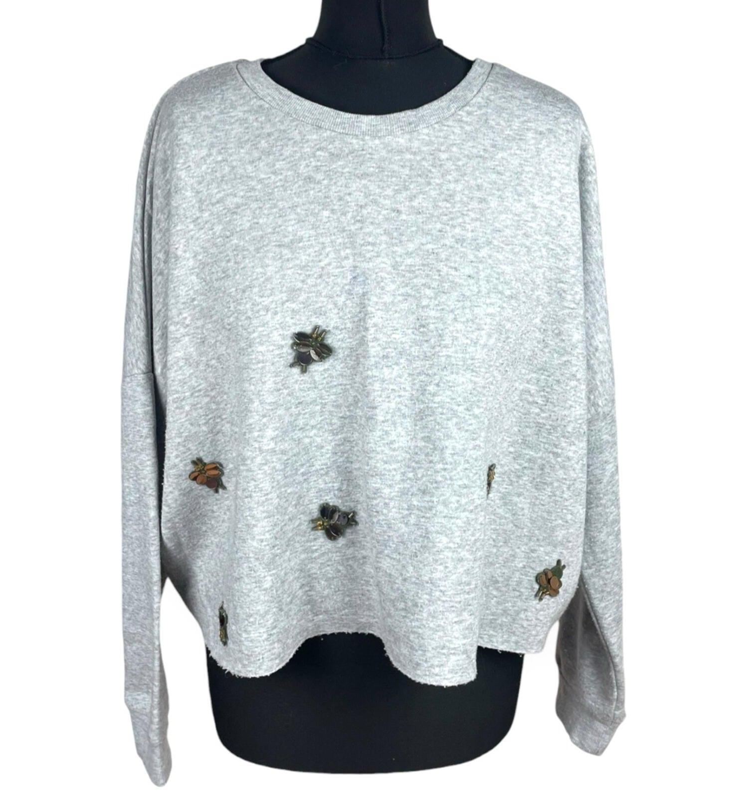 Primark Dragonfly Sequin Jumper Women’s UK Size L Cropped Light Grey Gold Detail