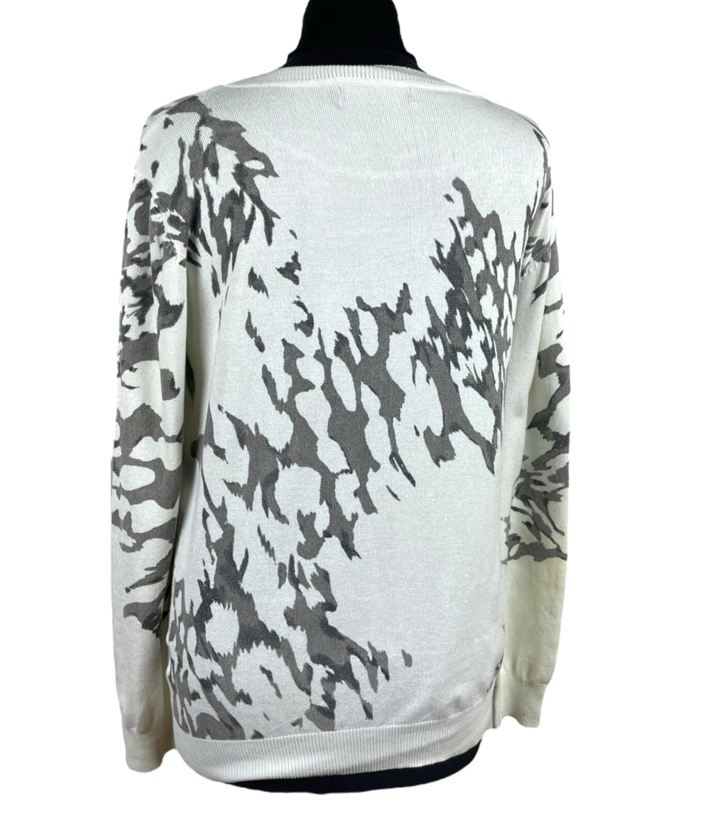 Just Elegance Thin White Jumper Grey Gold Pattern Round Neck Women’s UK Size L