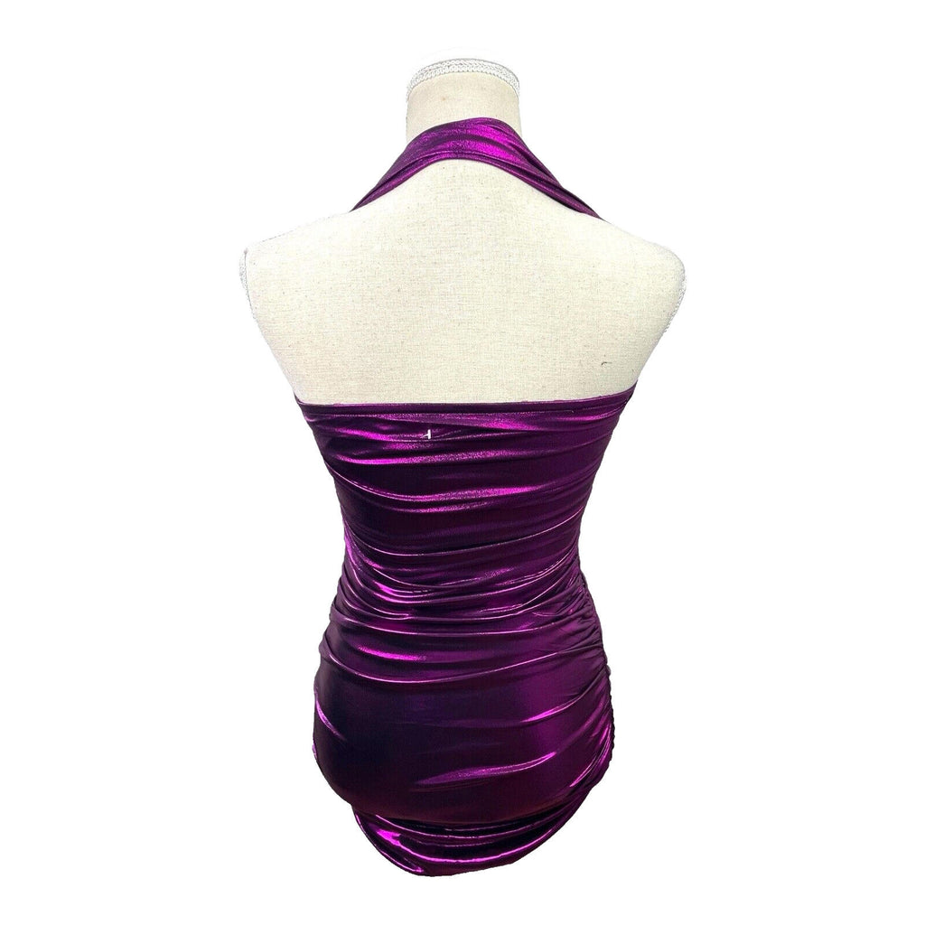 Metallic Bodycon Halter Neck Mini Dress Women’s UK Size XS Purple Party Cocktail