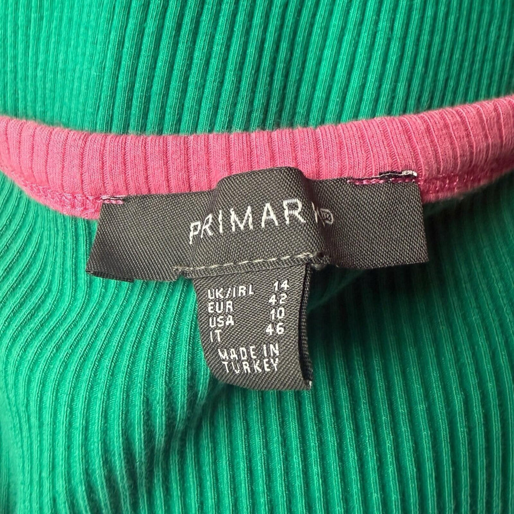 Primark Ribbed Mini Dress Women’s UK Size 14 Sleeveless Stretch Green Pink Trim