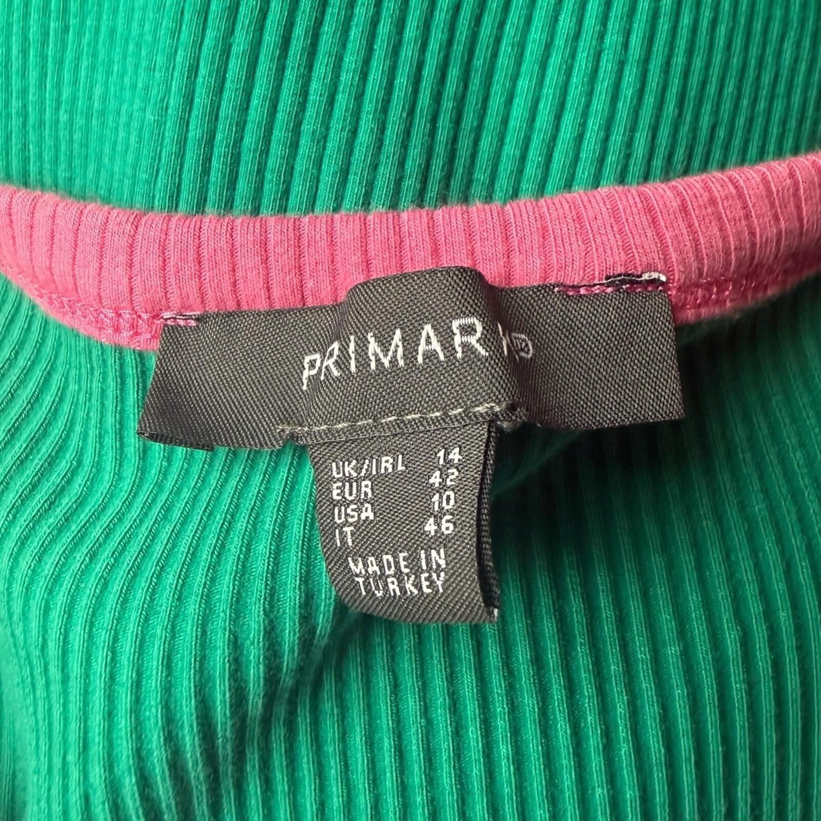 Primark Ribbed Mini Dress Women’s UK Size 14 Sleeveless Stretch Green Pink Trim
