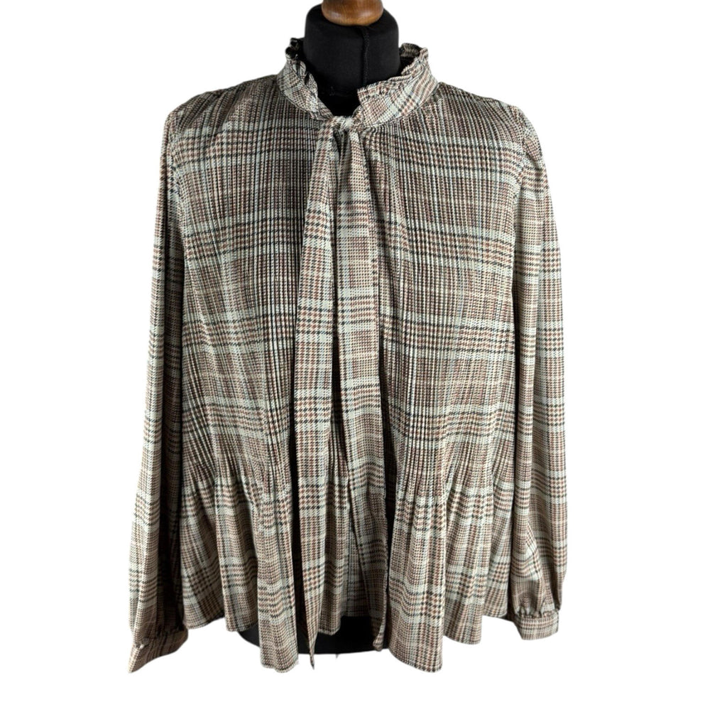 Zara Brown Beige Blouse Tie Neck Top Frilled Hem Women’s UK Size L