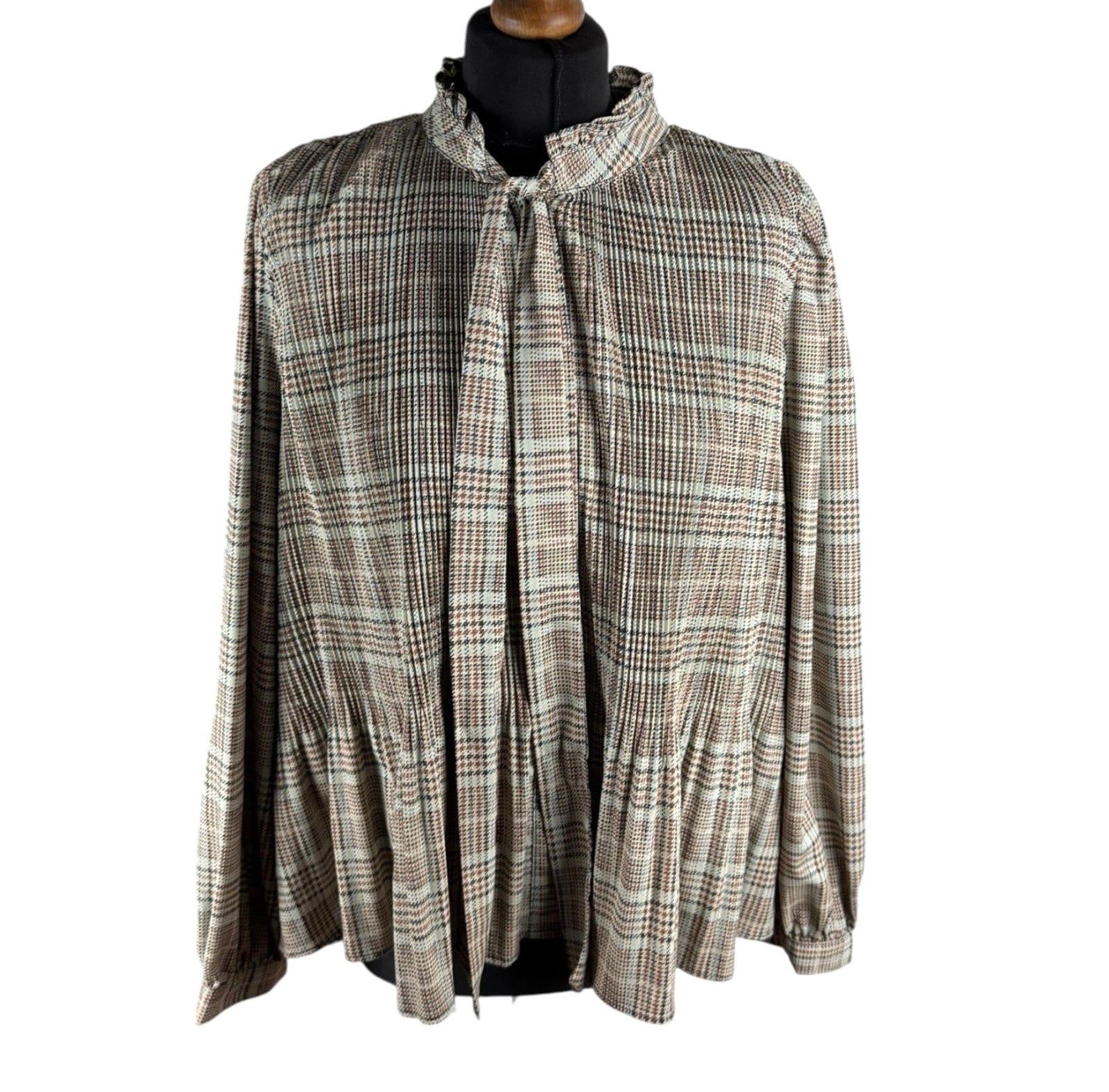 Zara Brown Beige Blouse Tie Neck Top Frilled Hem Women’s UK Size L