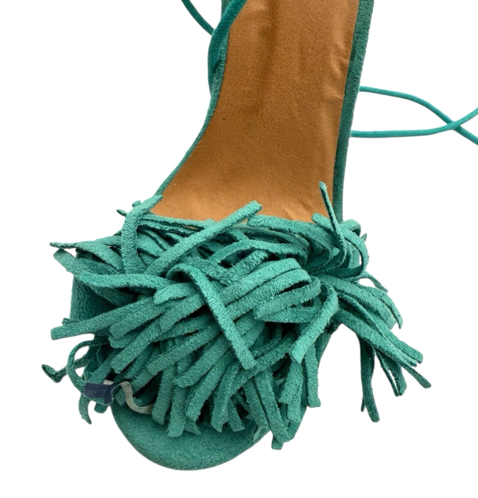 No Doubt Strap Up Stiletto Shoes Women’s UK Size 4 Open Tasseled Toe Green Suede
