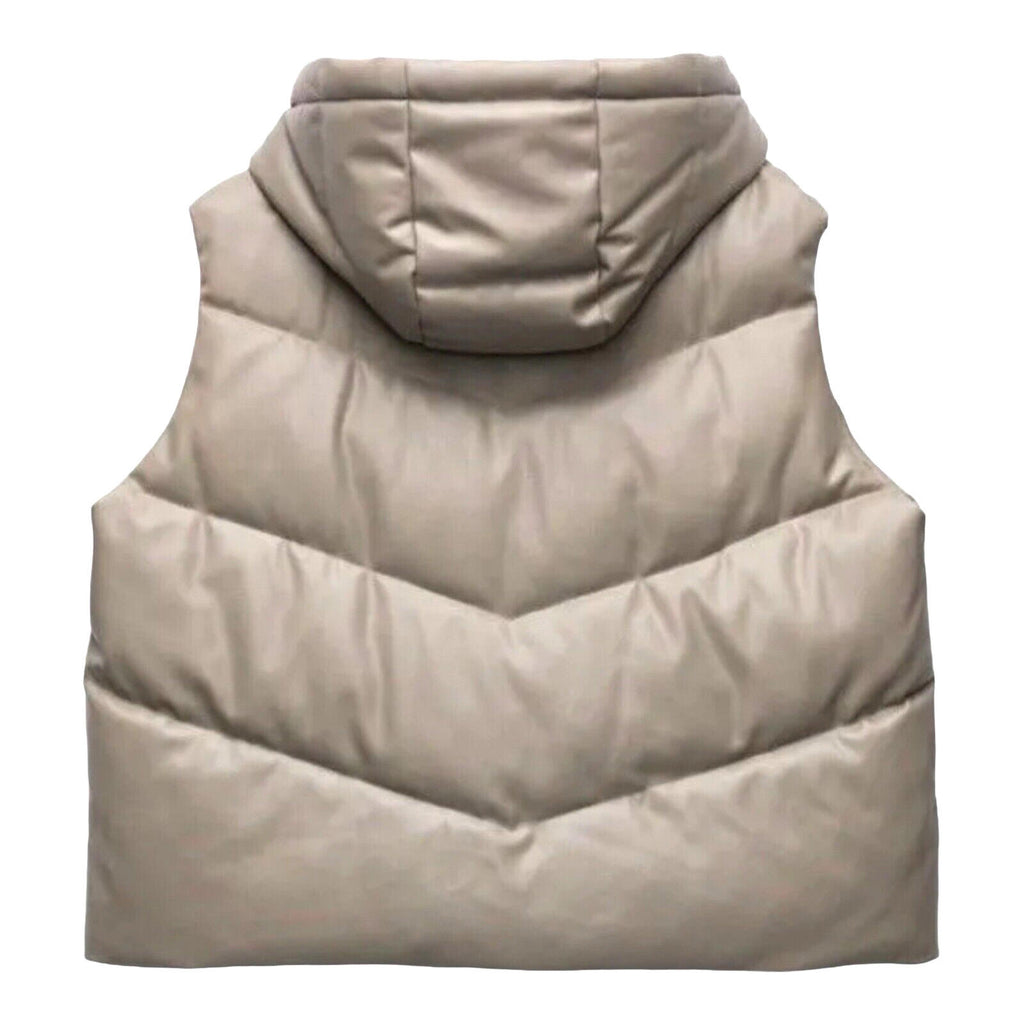 Zara Gilet Women's UK Size XS Faux Leather Puffer Beige Hooded Waist Coat